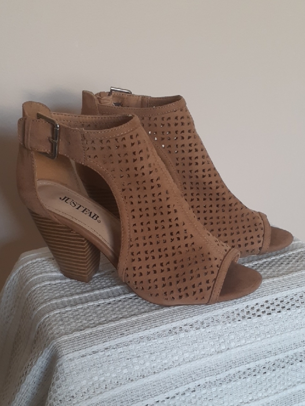 JustFab Tan Perforated Open-Toe Block Heel Sandals